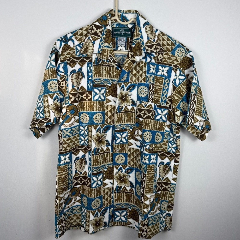 VTG Paradise Fashion Hawaiian Shirt Mens Medium Blue Brown‎ Sea Turtle Hibiscus